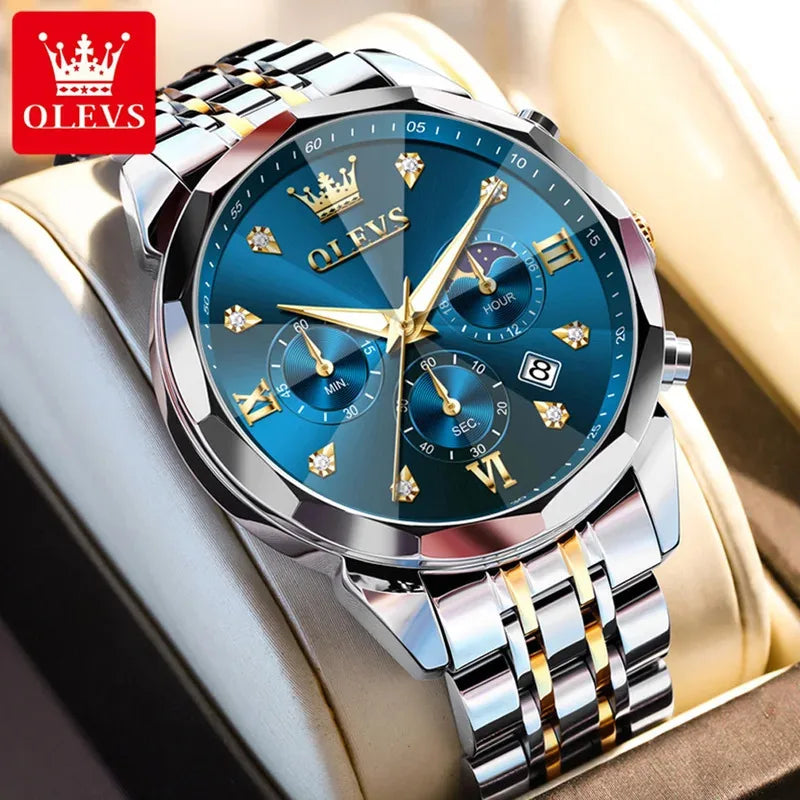 6OLEVS 370 Men's Watches Fashion Waterproof Calendar Luminous Moon Phase Quartz Watch Man Chronograph Clock