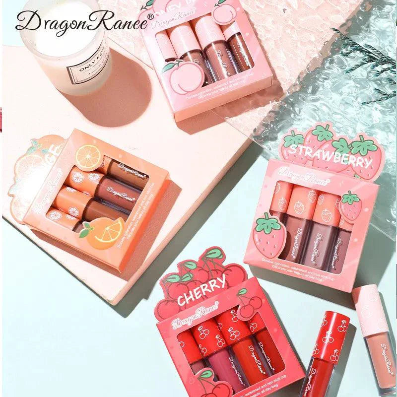 Mini Velvet Matte Lip Gloss Set 4 Piece Long Lasting Non Fading Non Stick Cup Fruit Scented Lip Tint Smooth Lightweight