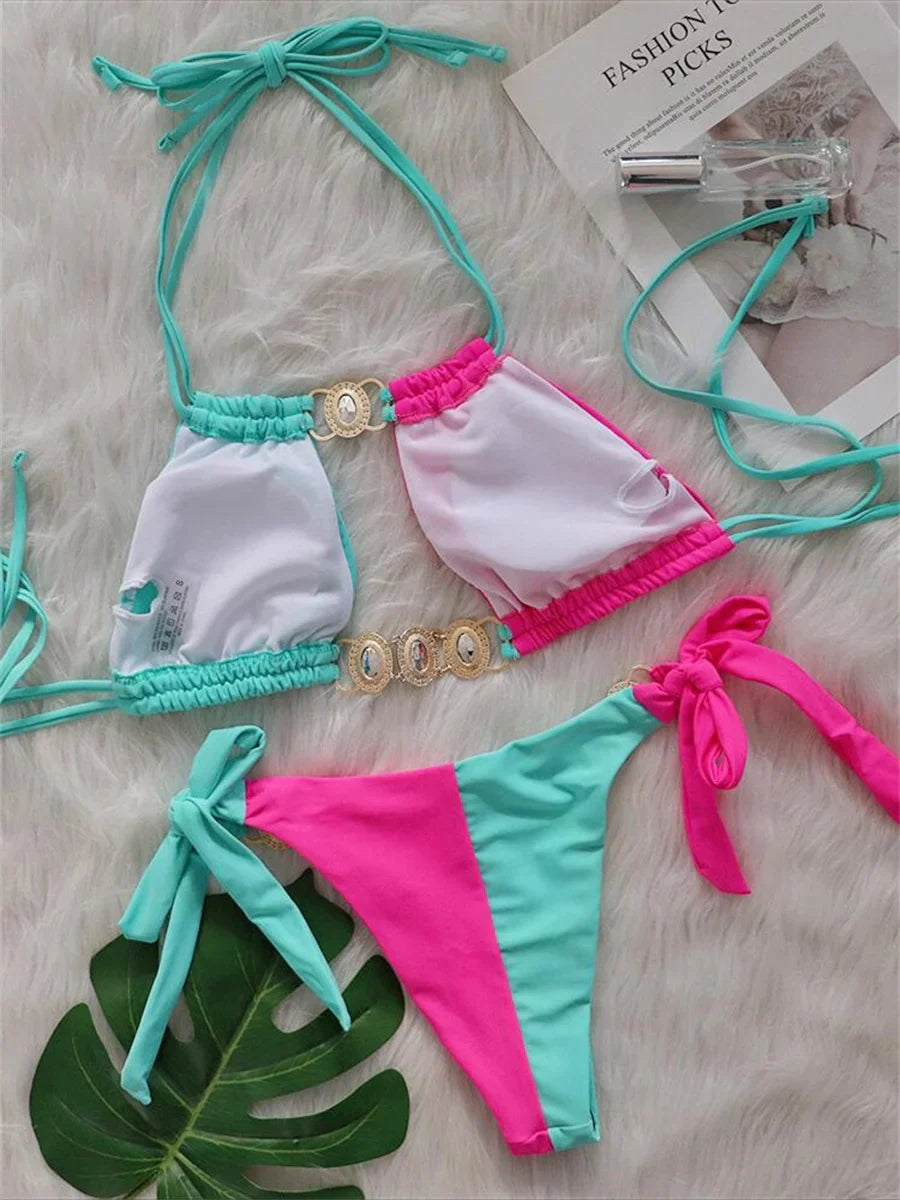 Rhinestones Splicing Bikini