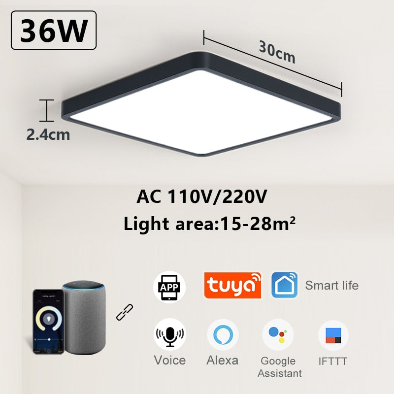 Smart Wood Grain LED Ceiling Lamp: Tuya App & Voice Control, Alexa/Google Compatible, Remote Control, Stylish Square Ceiling Light for Living Room