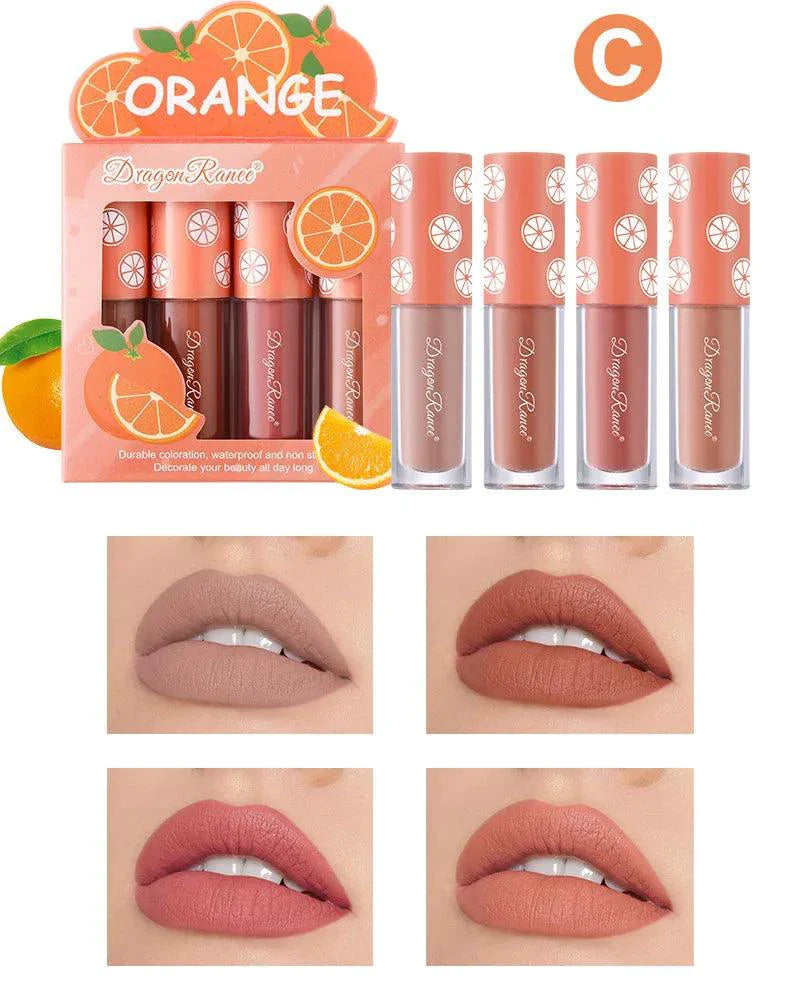 Mini Velvet Matte Lip Gloss Set 4 Piece Long Lasting Non Fading Non Stick Cup Fruit Scented Lip Tint Smooth Lightweight