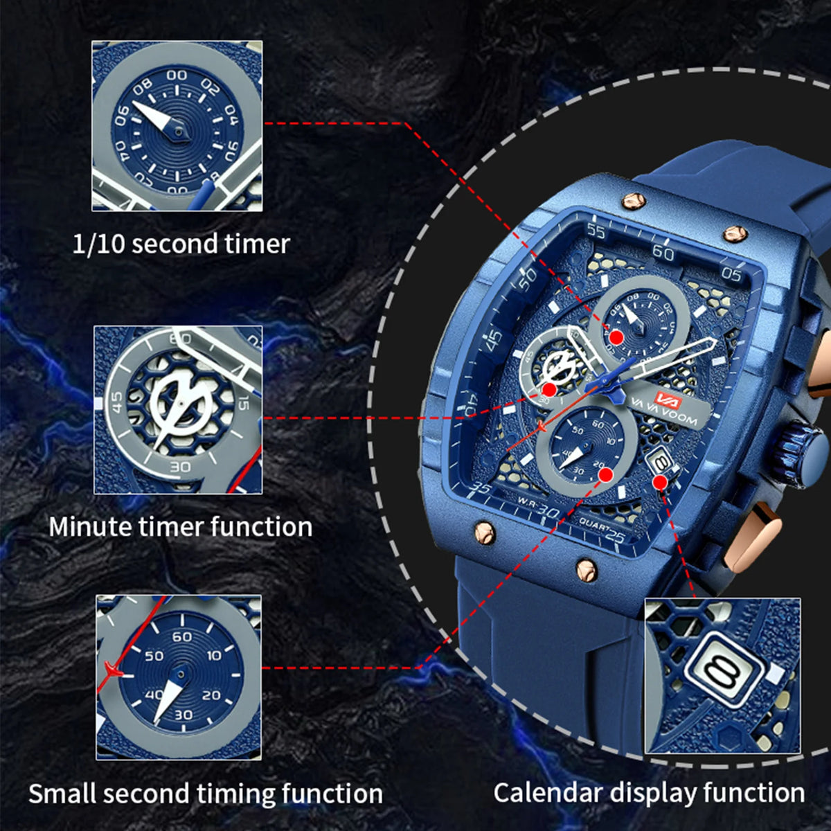 2025 New Men's Watch Multi functional Quartz Movement Rectangular Blue Dial Sports Clock Casual Fashion Silicone Strap Men Watch