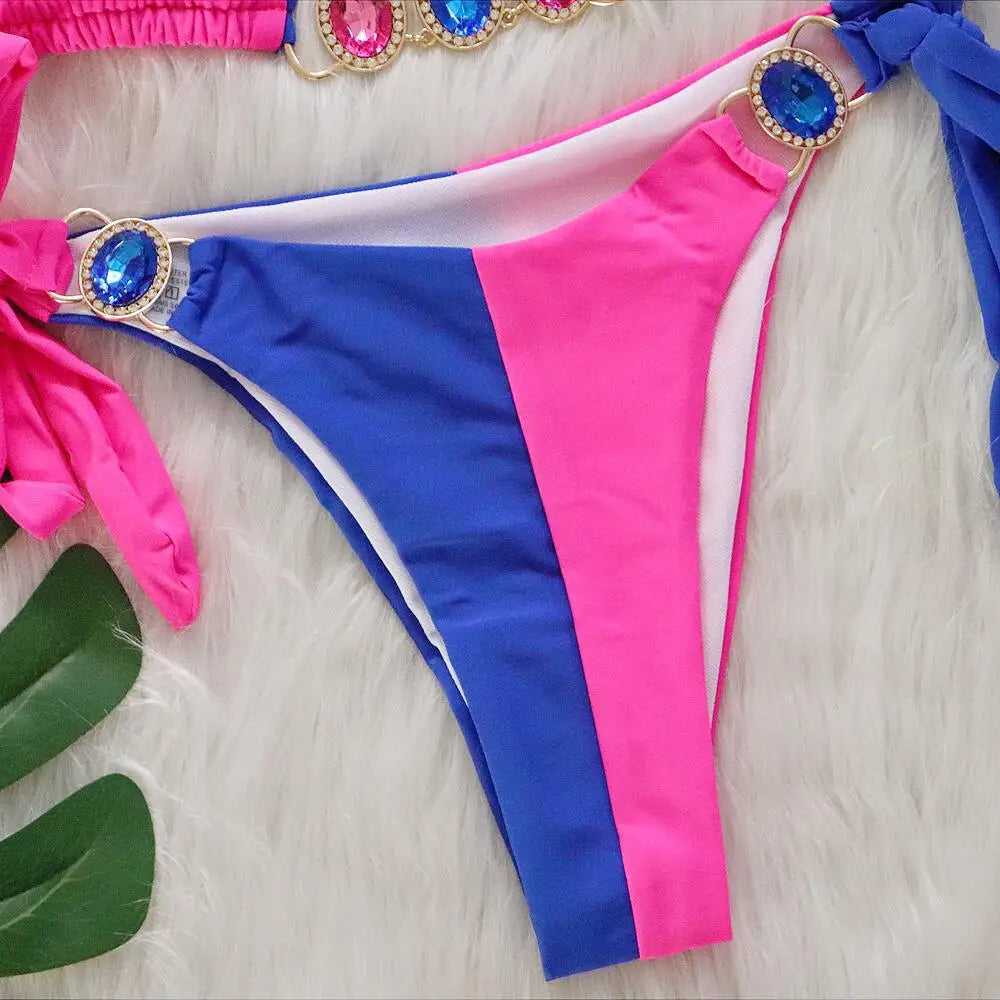 Rhinestones Splicing Bikini