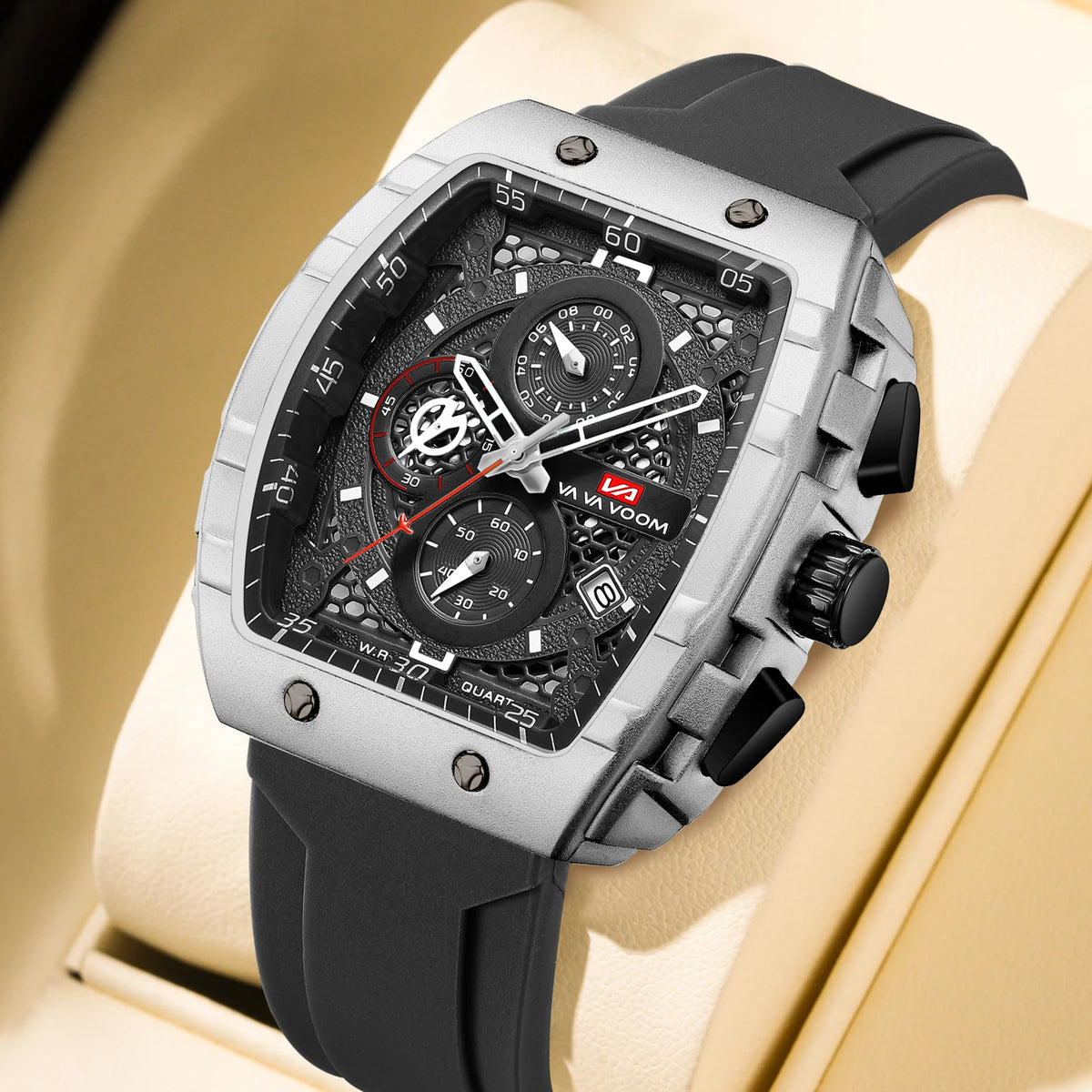 2025 New Men's Watch Multi functional Quartz Movement Rectangular Blue Dial Sports Clock Casual Fashion Silicone Strap Men Watch