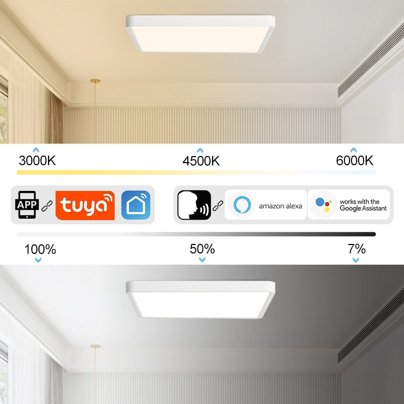 Smart Wood Grain LED Ceiling Lamp: Tuya App & Voice Control, Alexa/Google Compatible, Remote Control, Stylish Square Ceiling Light for Living Room