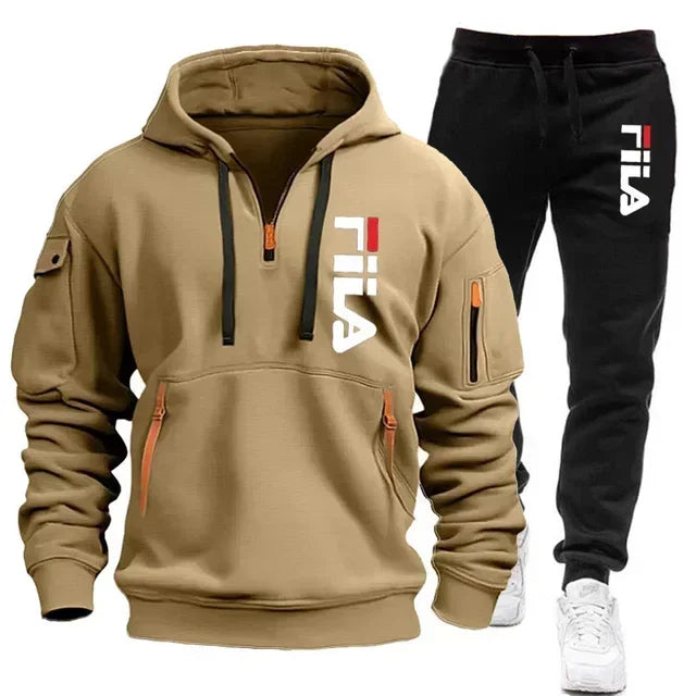 2026 Autumn and winter new men's multi pocket zipper hooded sports shirt+pants two-piece set, men's casual pullover sports set