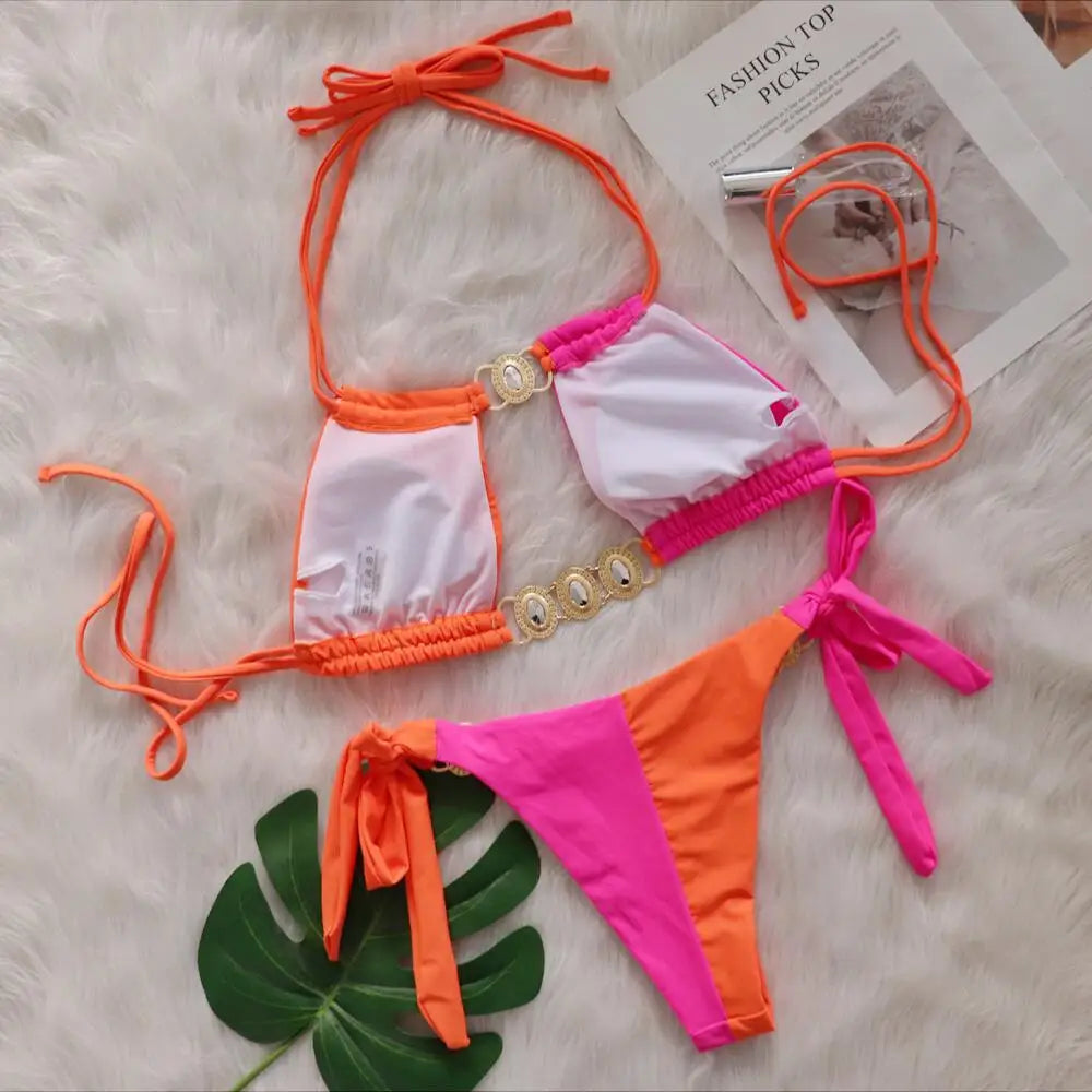 Rhinestones Splicing Bikini