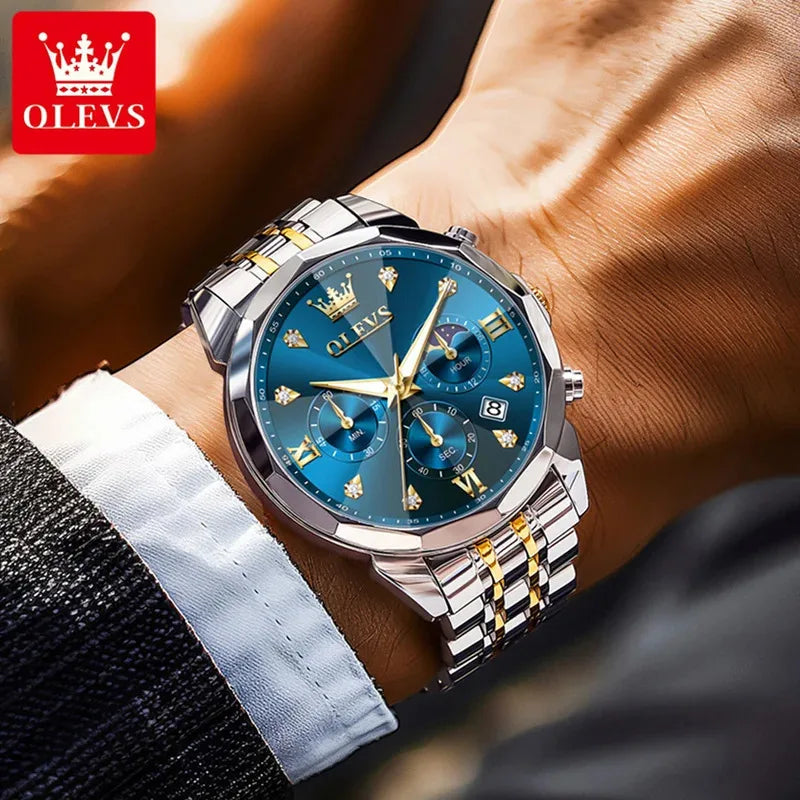 6OLEVS 370 Men's Watches Fashion Waterproof Calendar Luminous Moon Phase Quartz Watch Man Chronograph Clock