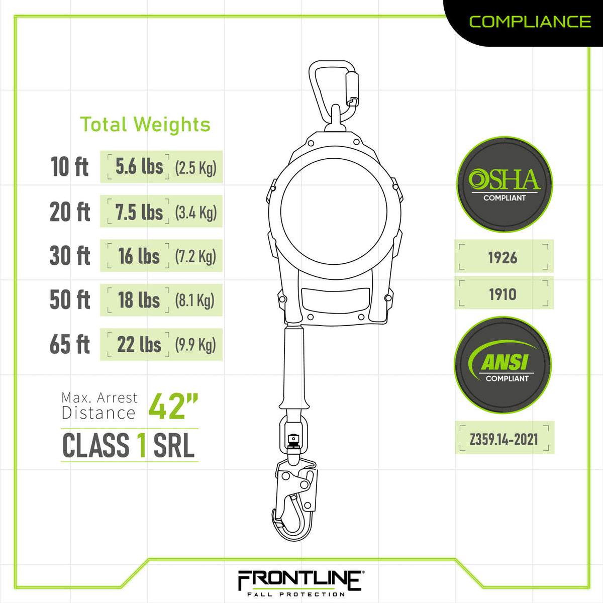 Frontline RPG30 30' Cable Single Leg SRL with Steel Snap Hook End with Carry on Handle and Tagline