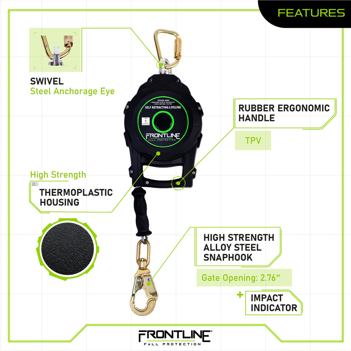 Frontline RPG20 20' Cable Single Leg SRL with Steel Snap Hook End with Carry on Handle and Tagline