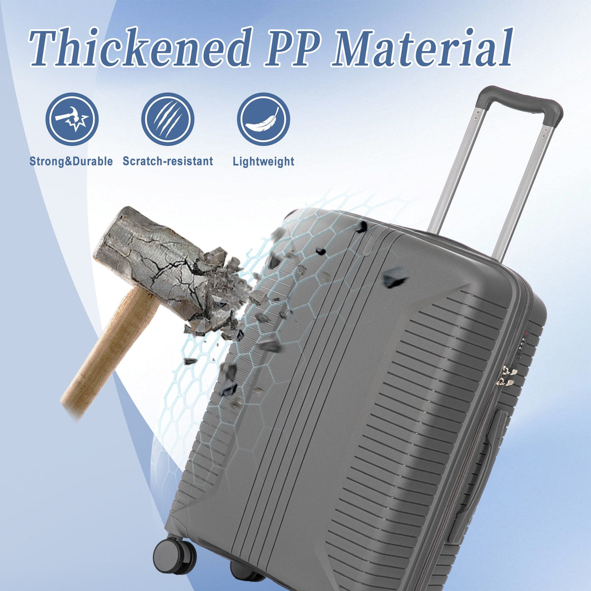 3-Piece PP Spinner Wheel Luggage Set 20'/24'/28' Silver Grey