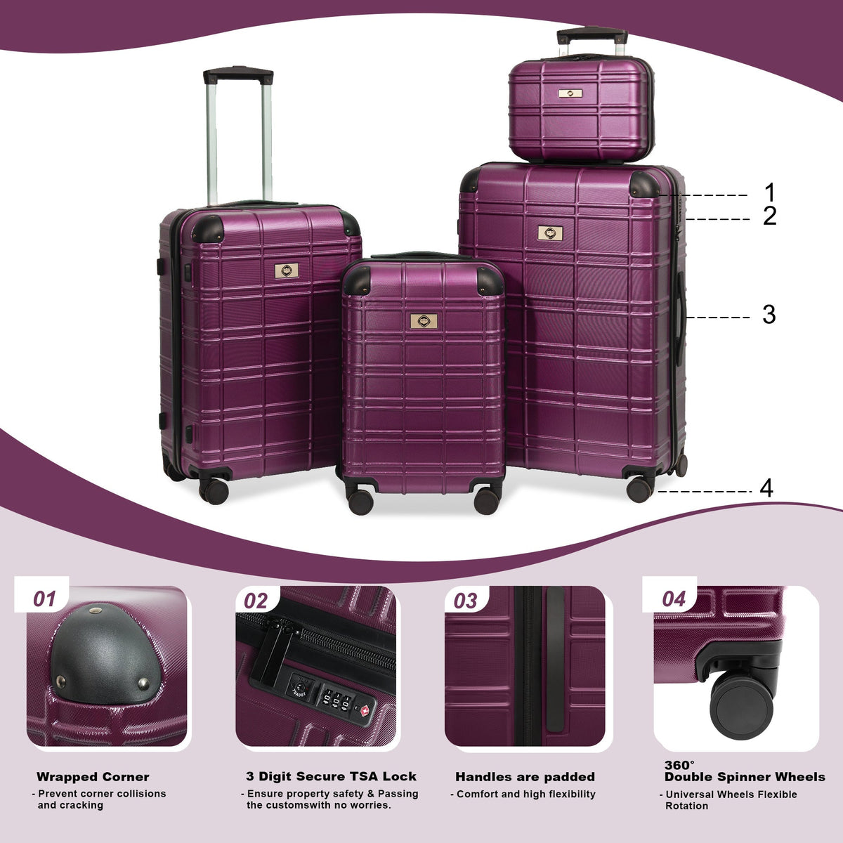 Luggage Sets ABS+PC Hardshell 4pcs Spinner Wheels with TSA Lock