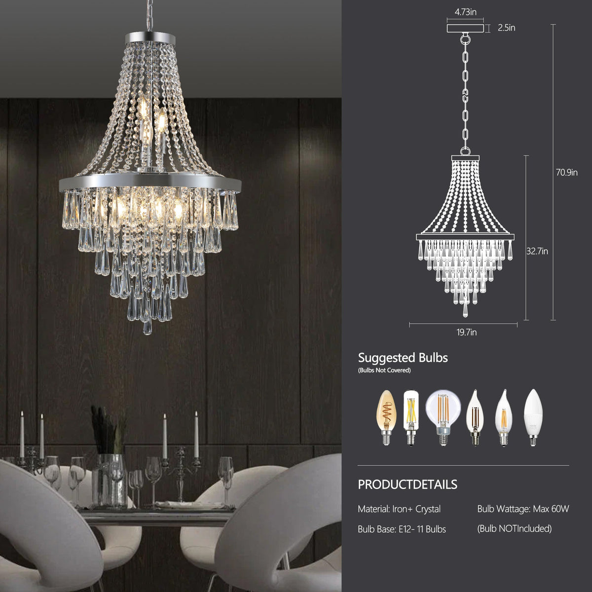 20" Chrome Crystal Chandelier with Adjustable Height