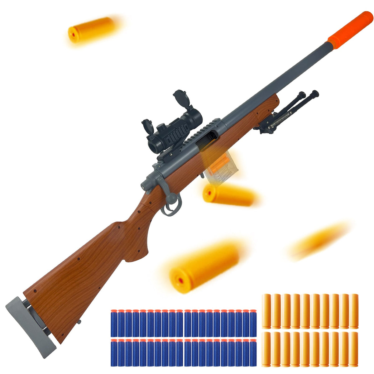 Wood grain toy gun with scope and accessories toy sniper rifle