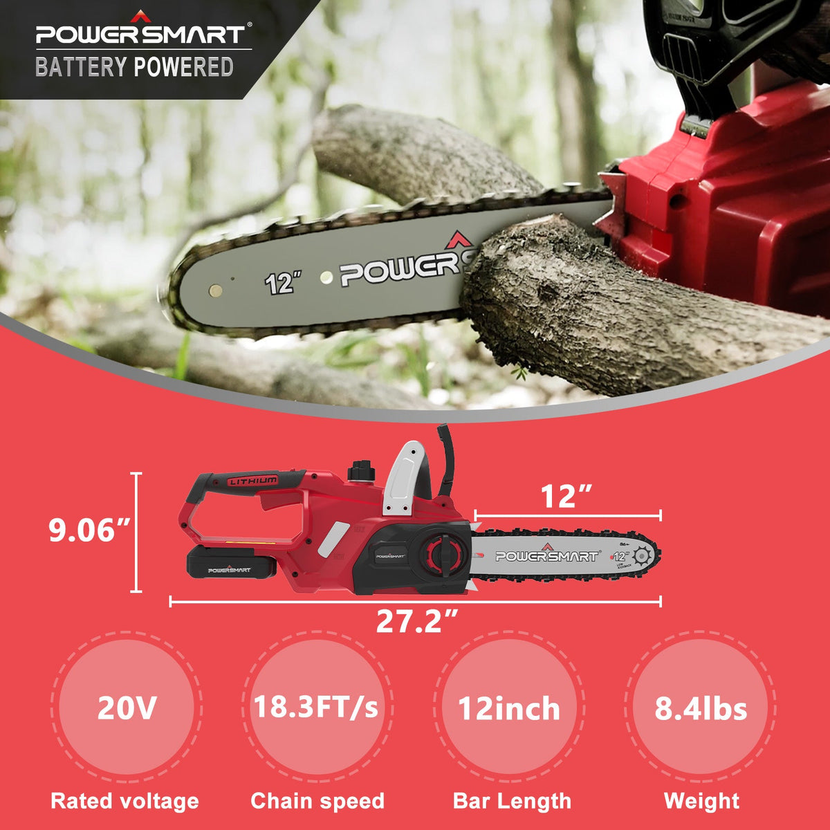20V 12" Cordless Chainsaw w/ Battery & Charger PS76122A